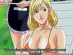 Busty hentai trio riding a tied up guys hard cock in group sex