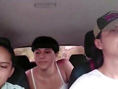 Slutty Latinas crowded car sex while driving