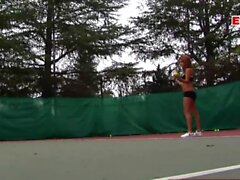 Brunette and blonde tennis teens make threesome ffm outdoor
