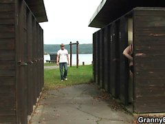 Blonde grandma screwed in public changing room