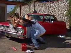 Amazingly hot blonde teen fucked beside a red hot car