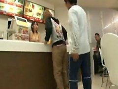 Fast food worker comes out behind the counter to suck and f