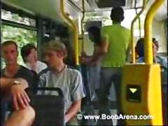 Busty brunette is on the bus and sucks his cock before fucking
