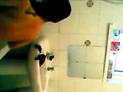 Latina step sister showers with the door open